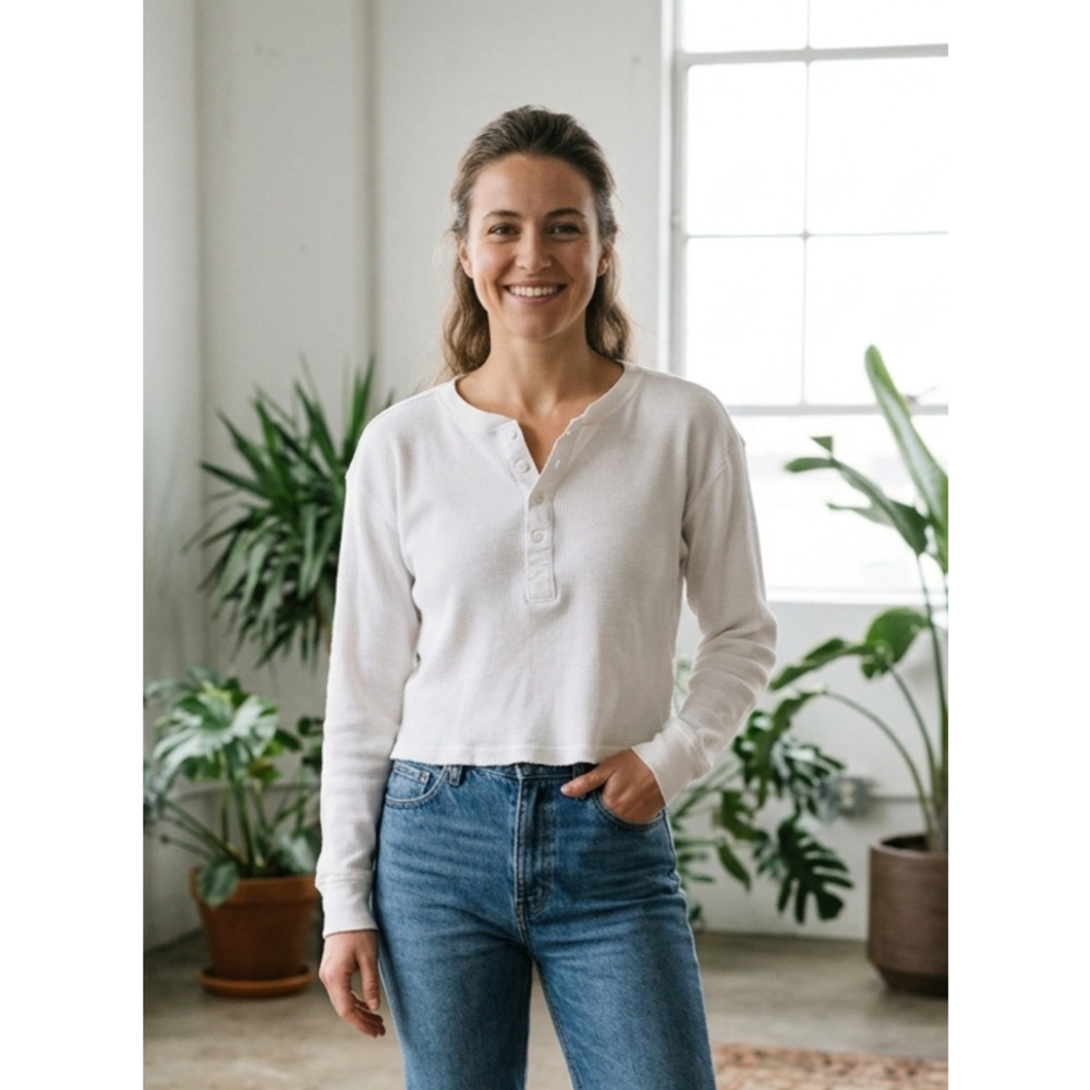 Jungmaven White Hemp Organic Cotton Mesa Crop Waffle Thermal Henley Top XS